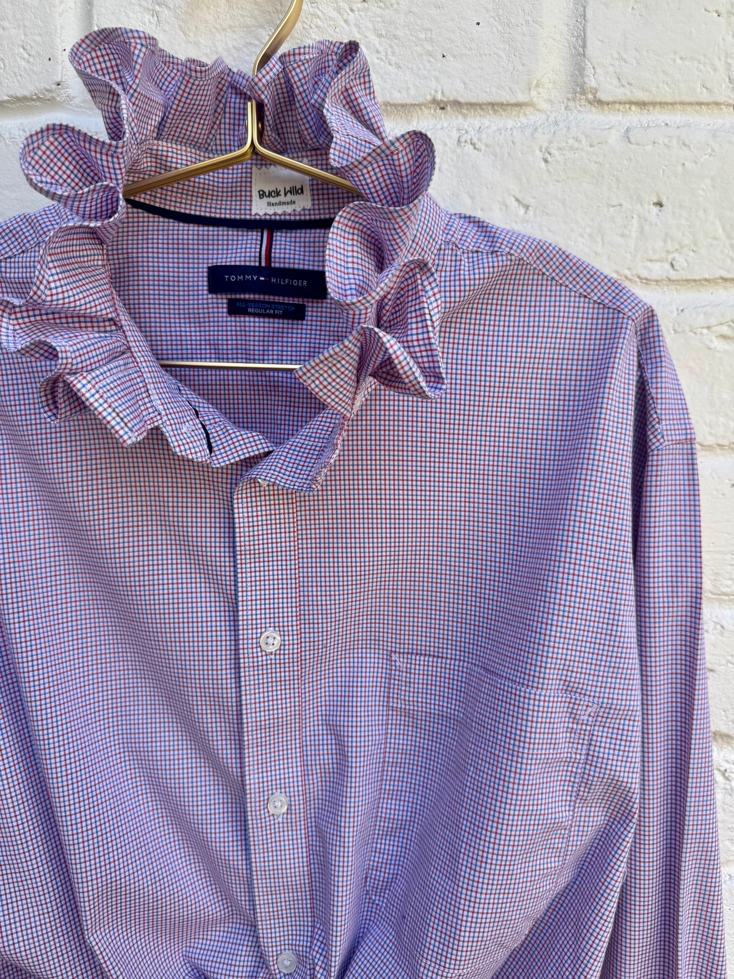 Revamped Vintage Tommy Hilfiger Long Sleeve Gingham Ruffle Shirt - Red Blue & White Micro Check| Size CL Measures 25” chest and 24” sleeves