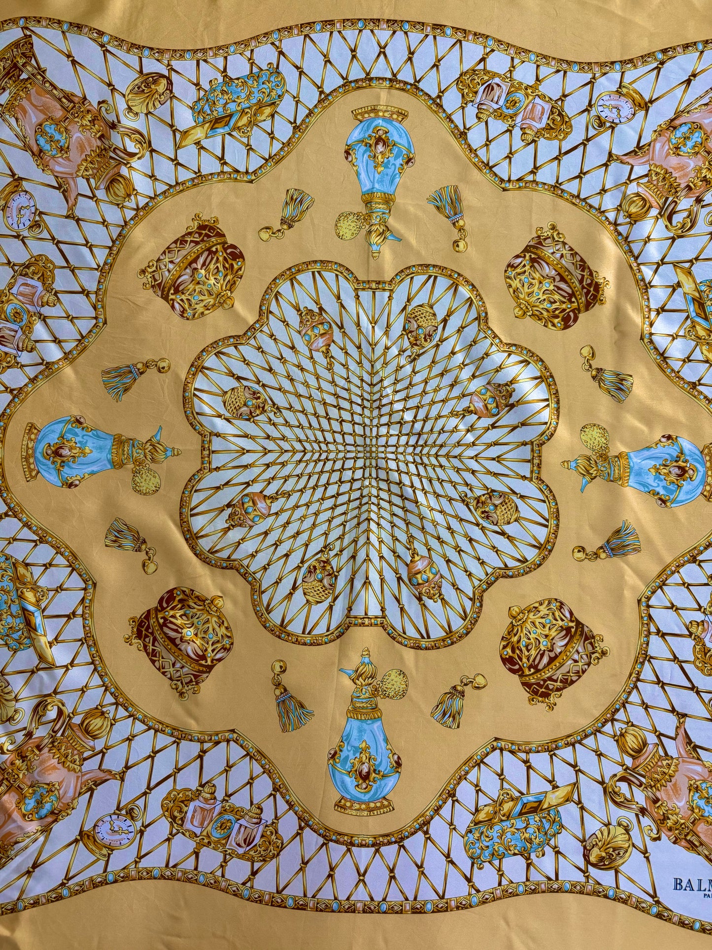 Vintage Balmain Paris 100% Silk Scarf | Golden Honey & Turquoise | 35” Square