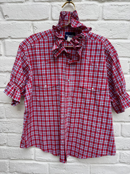 Upcycled Wrangler Western Shirt with Ruffle Neck| Men’s XL