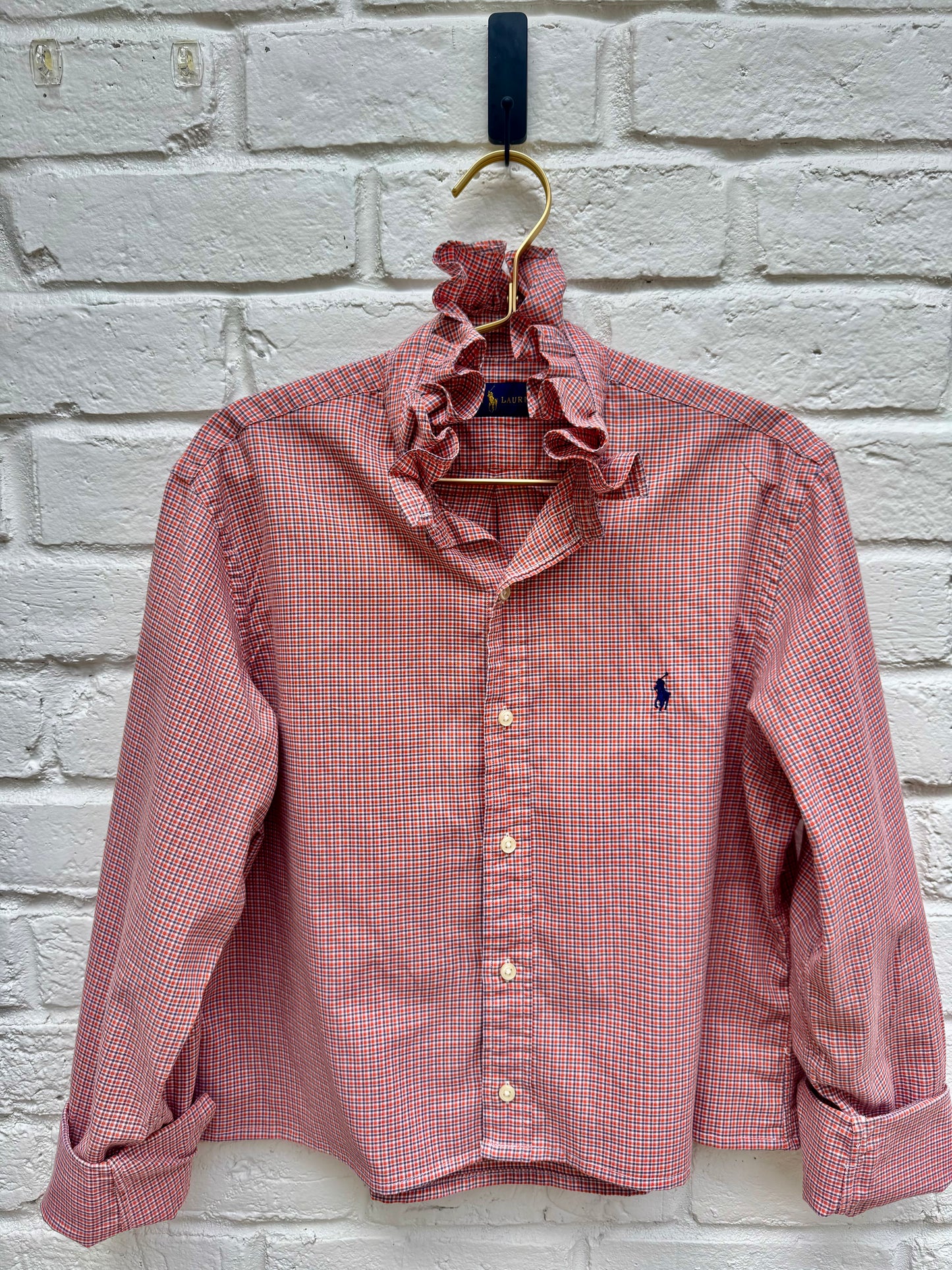 Upcycled Ralph Lauren Red Gingham Ruffle Shirt – Women’s Reworked Button Down. Shorty. Chest: 21” Sleeves: 25” Medium