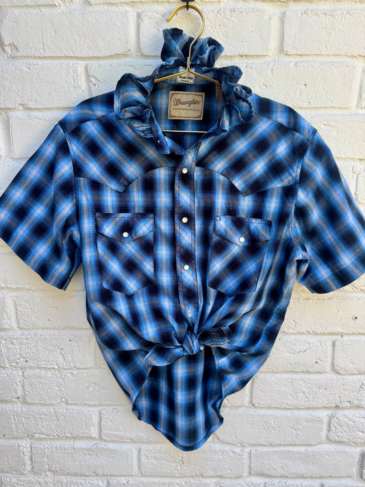 Revamped Vintage Wrangler Short Sleeve Plaid Western Pearl Snap Shirt - Indigo & Shadow Blue| Size M | Measures 20” pit-pit