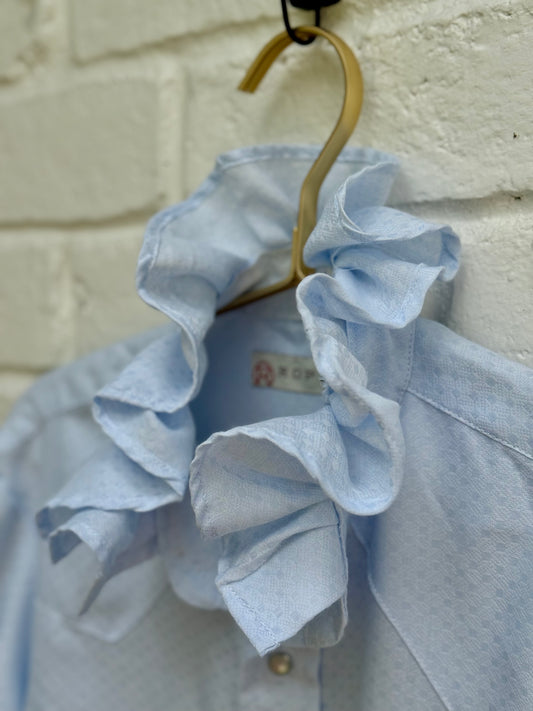 Vintage Roper Light Blue Ruffle Collar Western Pearl Snap Shirt Retro Cowgirl- Size S. Measures 20” from pit to pit.