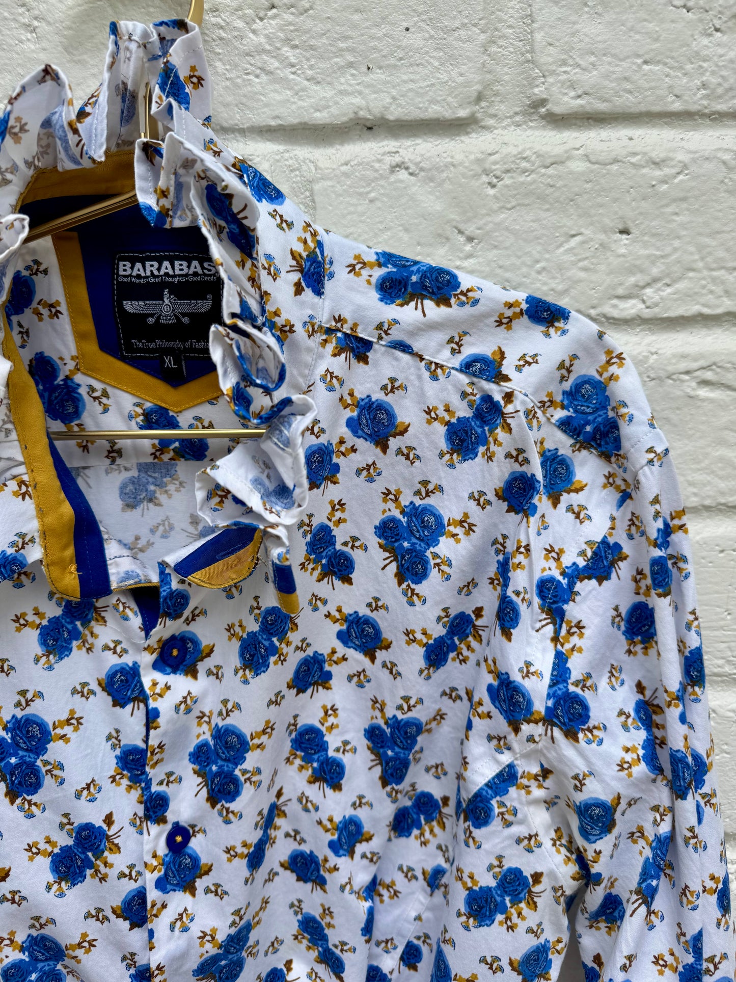 Barabas Men's XL Blue Floral Graphic Luxury Shirt Custom Ruffle Neck Contrast Cuff- measures 20” pit to pit. 26” sleeves