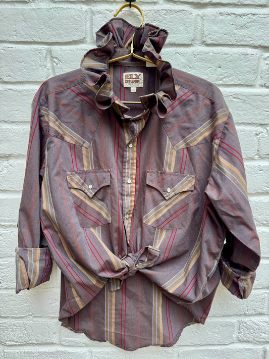 Reworked Ely Cattleman Vintage Ruffled Striped Western Pearl Snap | Size L/XL | Measures 23” across