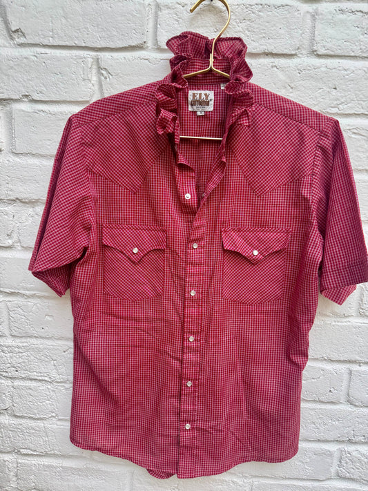 Vintage Ely Cattleman Men's Red Gingham Western Pearl Snap Shirt Short Sleeve S. Measures 19.5” pit to pit.