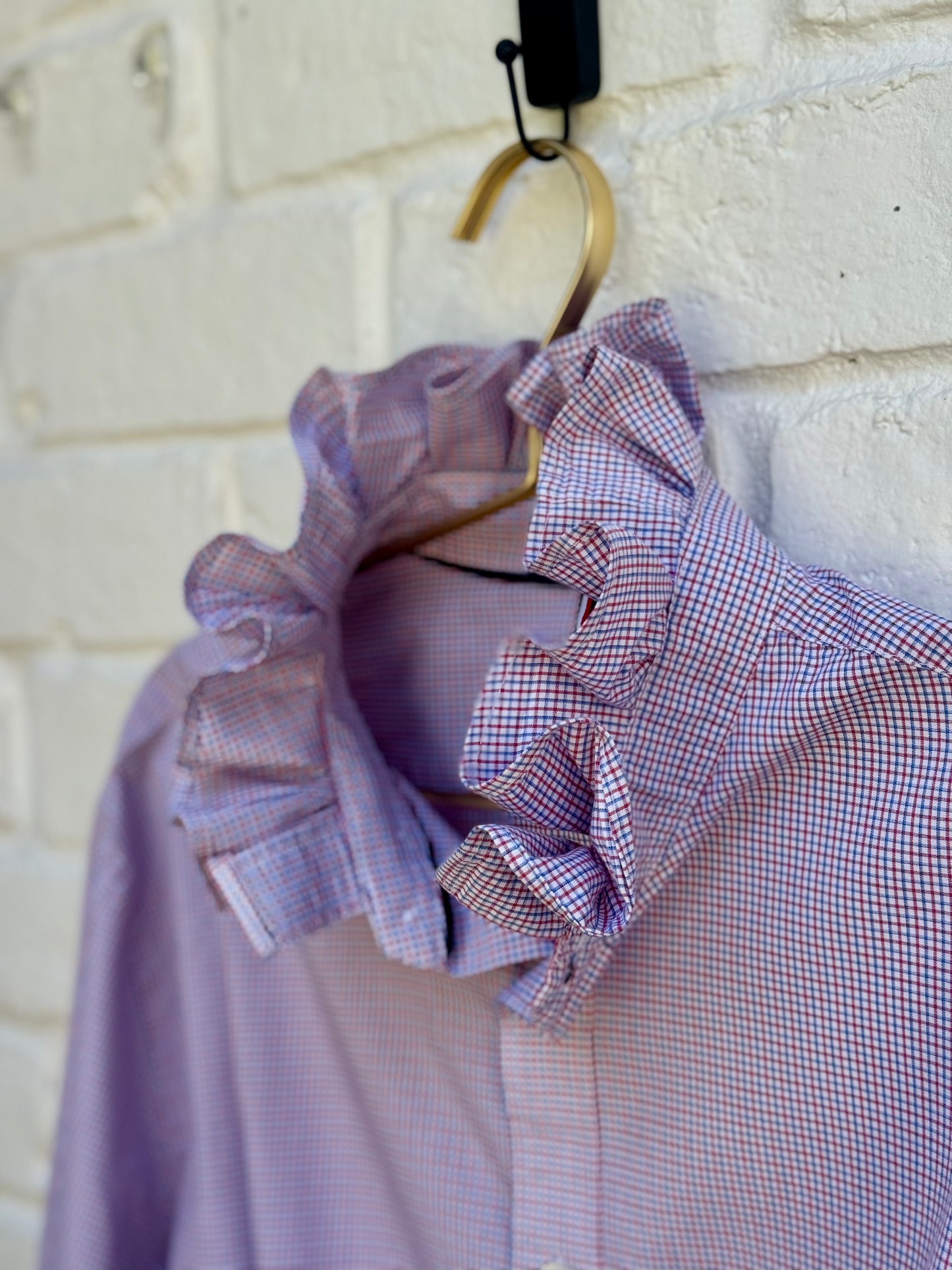 Revamped Vintage Tommy Hilfiger Long Sleeve Gingham Ruffle Shirt - Red Blue & White Micro Check| Size CL Measures 25” chest and 24” sleeves