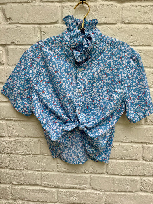 Upcycled Blue Floral Western style Shirt with High Ruffle Collar- Size- L