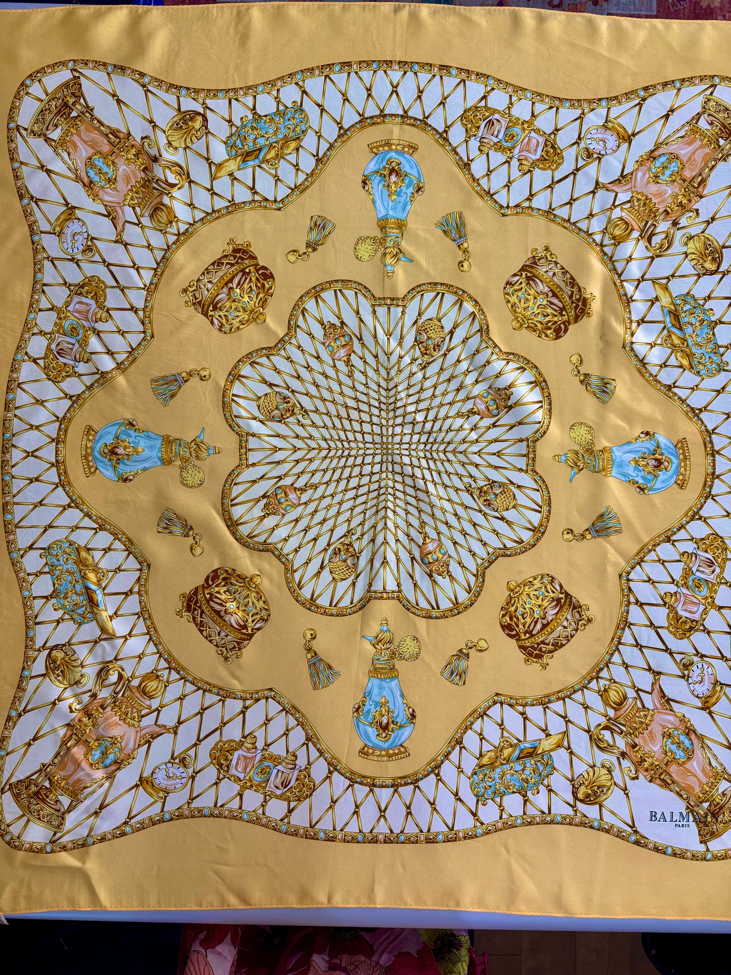Vintage Balmain Paris 100% Silk Scarf | Golden Honey & Turquoise | 35” Square