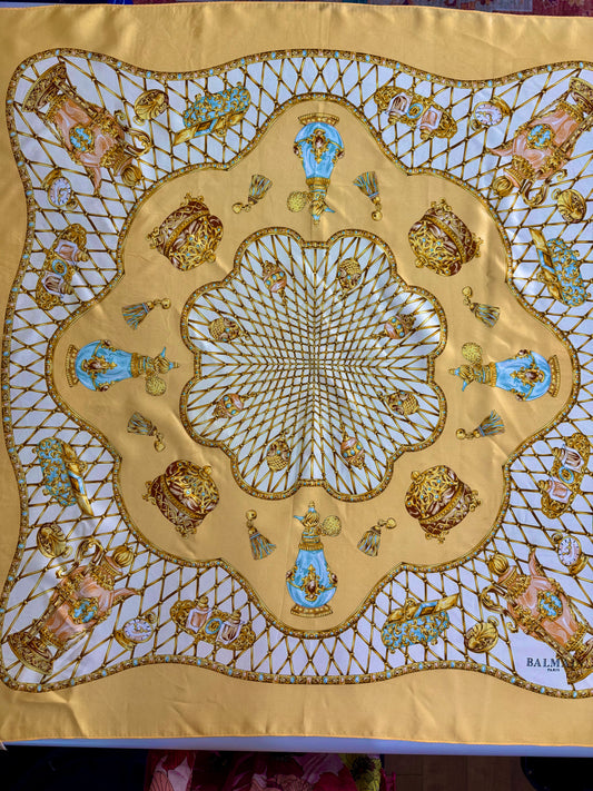Vintage Balmain Paris 100% Silk Scarf | Golden Honey & Turquoise | 35” Square