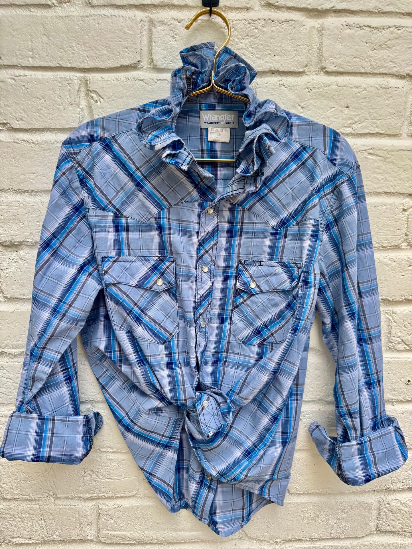 Upcycled Wrangler Blue Plaid Western Pearl Snap Ruffle Shirt – Women’s Reworked Button Down Chest: 20” Sleeves: 24”