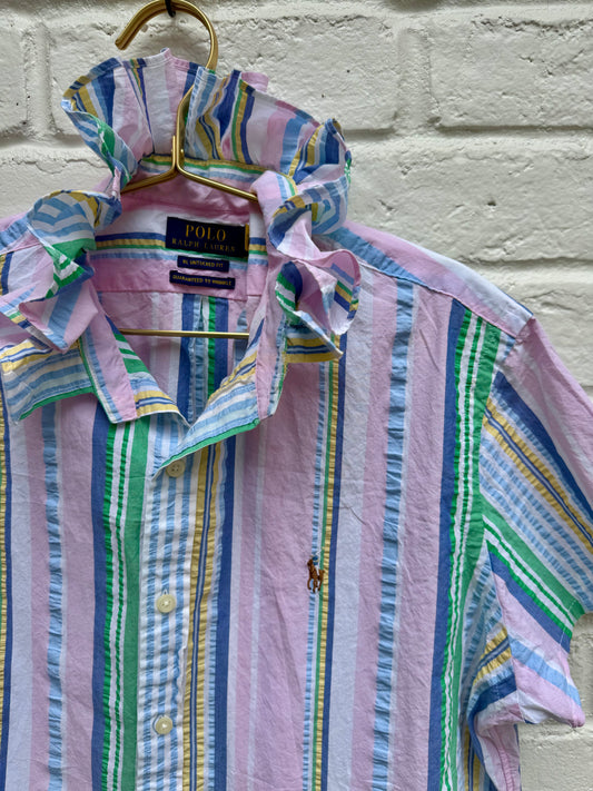 Polo Ralph Lauren Pastel Multi Stripe Ruffle Collar Custom Short Sleeve Shirt M- measures 24” Pit to Pit.