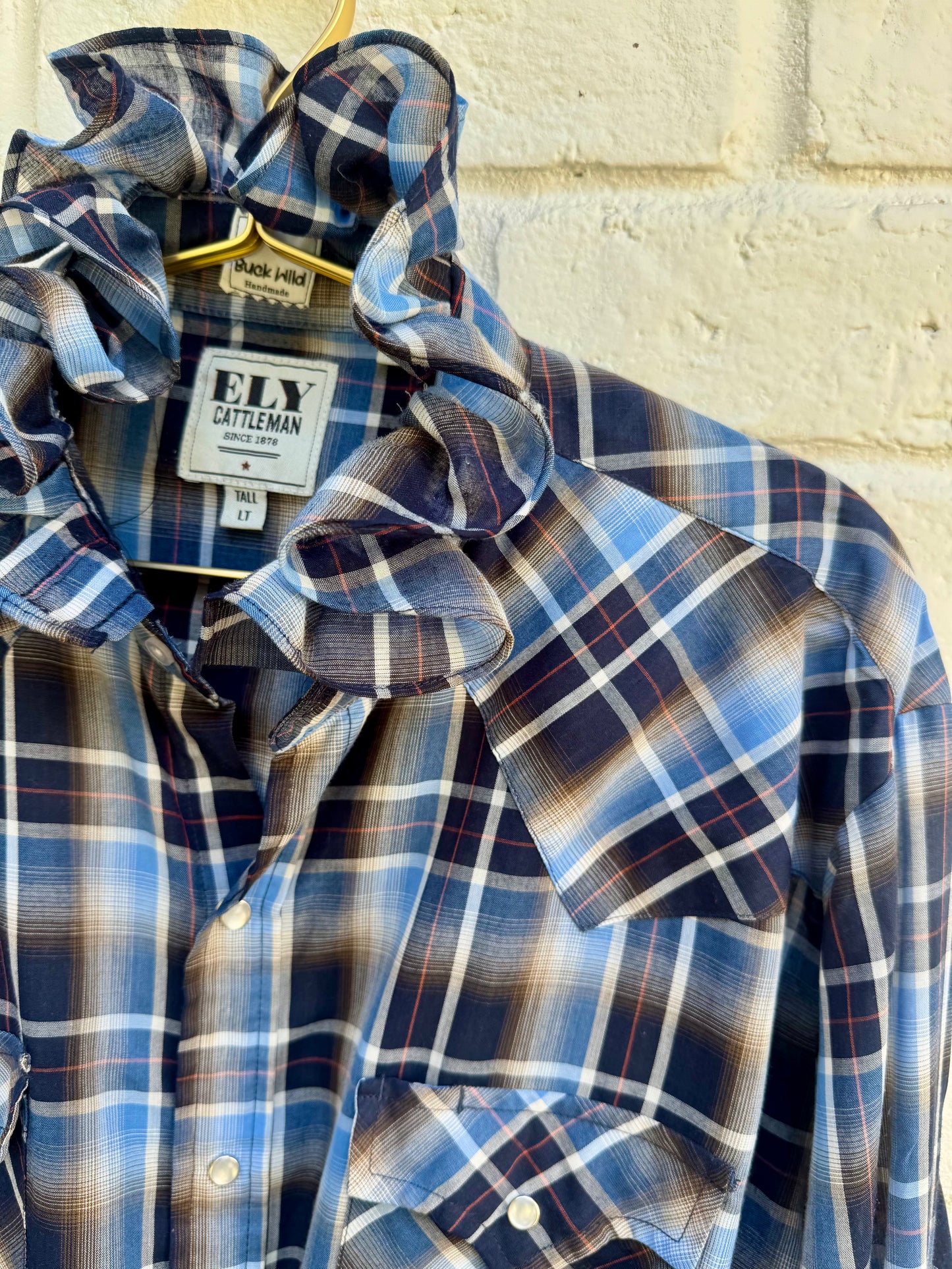 Revamped Vintage Ely Cattleman Long Sleeve Plaid Ruffle Shirt - Sky Blue & Coffee Ombré| Size Long Tall| measures 23” chest. 26” sleeve length