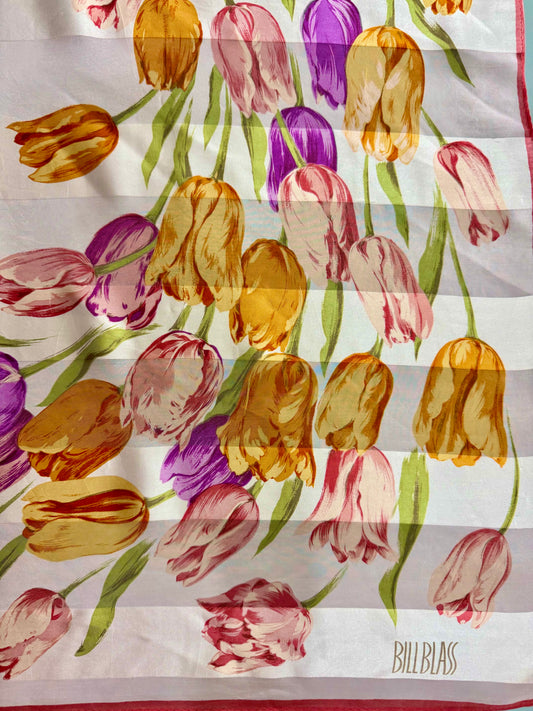 Vintage Bill Blass 100% Silk Scarf – 35” Square – Colorful Tulip Floral Print – Designer Silk Scarf
