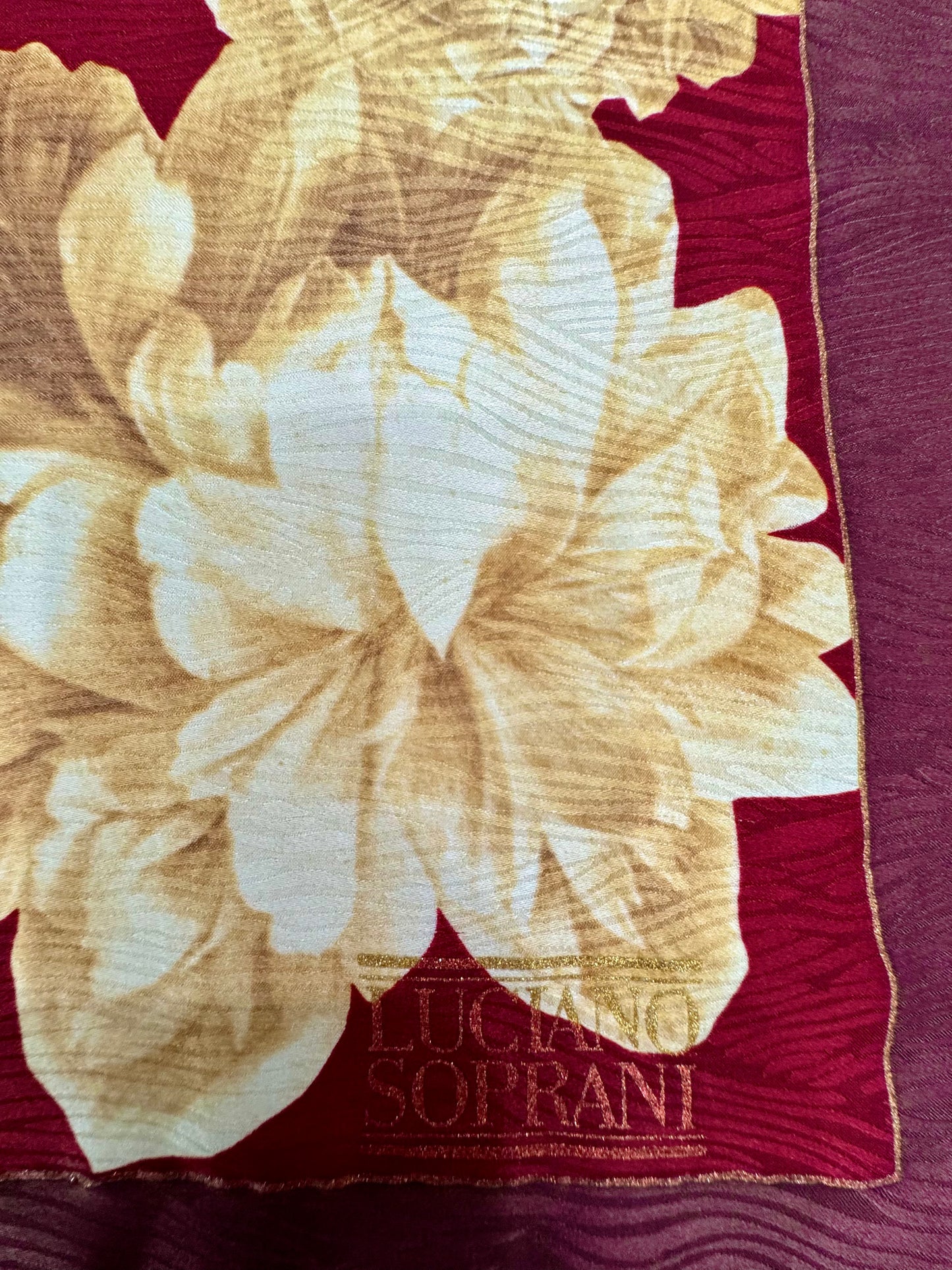 Vintage Luciano Soprani Burgundy & Gold Floral Silk Scarf – 35”