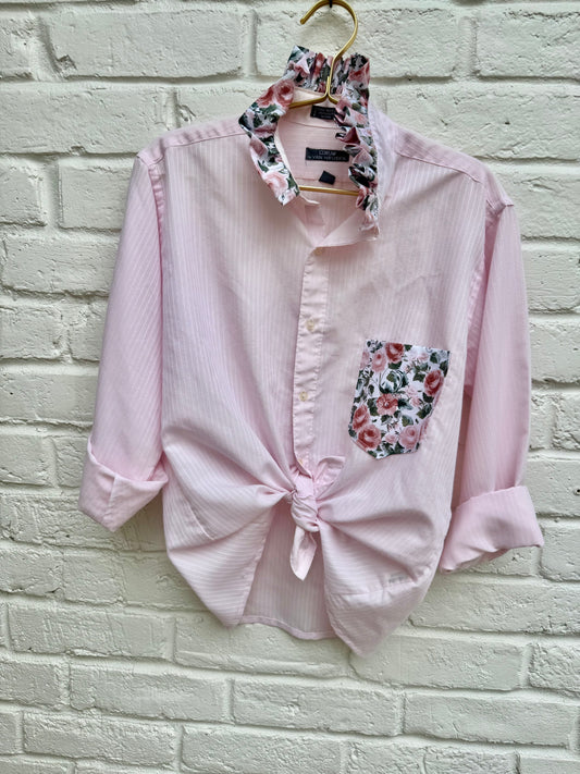Repurposed Striped Blouse with Floral Pocket Detail| Size L