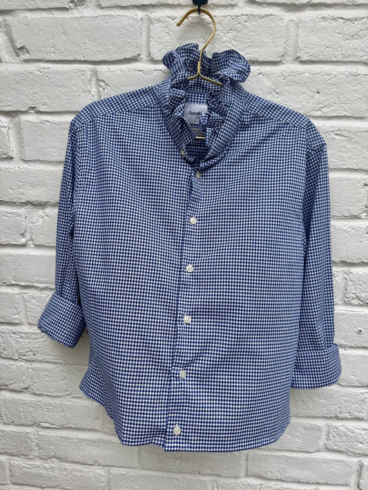 Women’s Upcycled Women’s Blue Gingham Ruffle Collar Button-Down Blouse | Size S