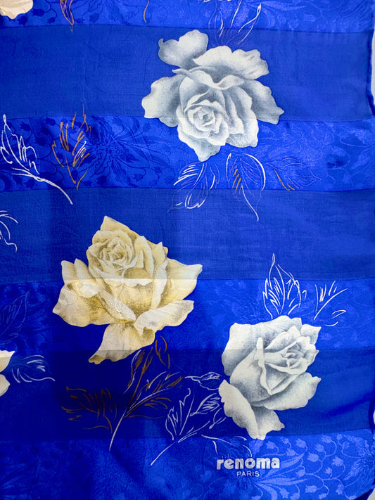 Vintage Renoma Paris 100% Silk Scarf | Royal Blue Roses | 36” Square
