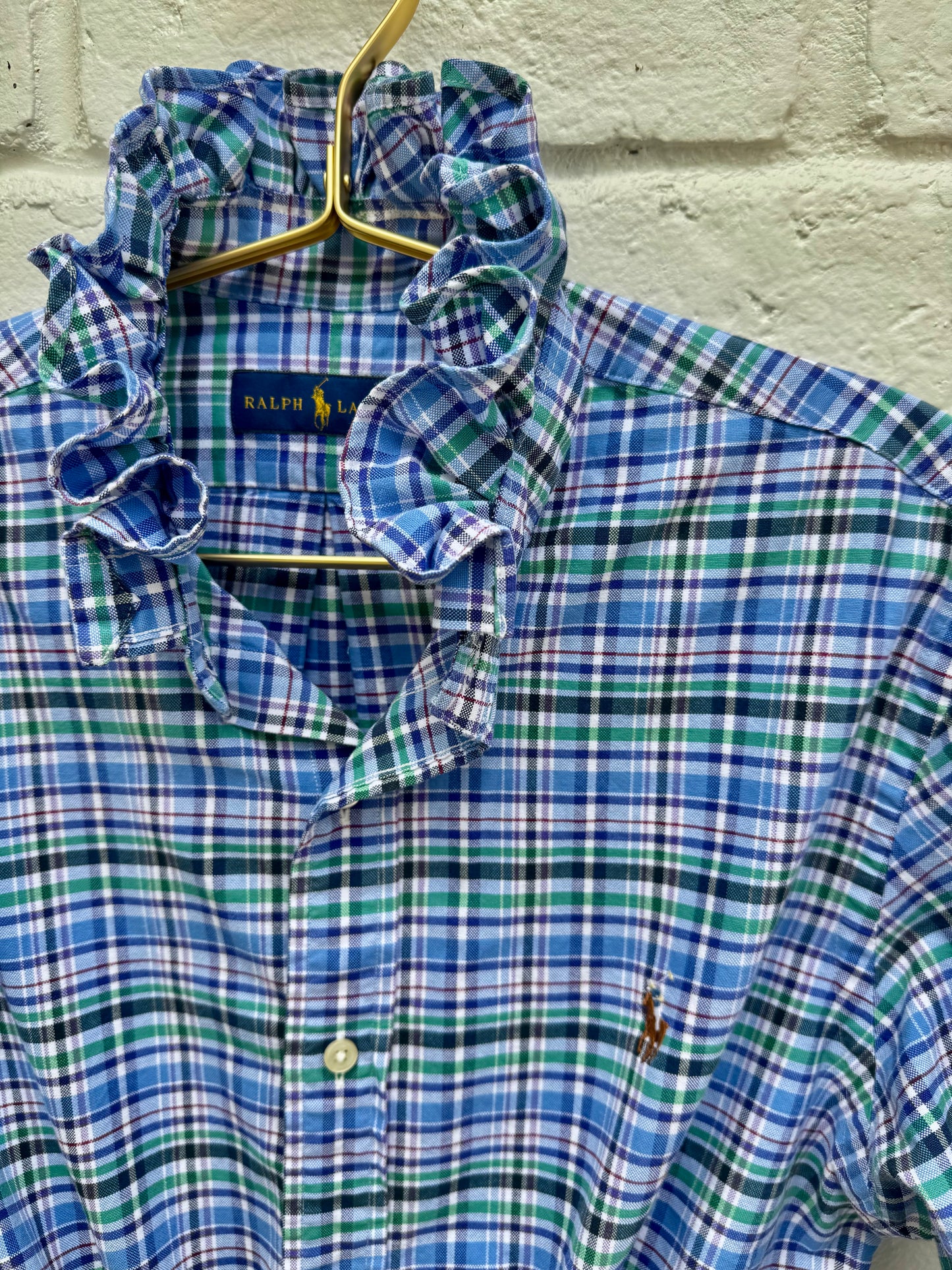 Upcycled Ralph Lauren Blue & Green Plaid Ruffle Shirt – Women’s Reworked Button Down Medium. Chest: 21” Sleeves: 24”