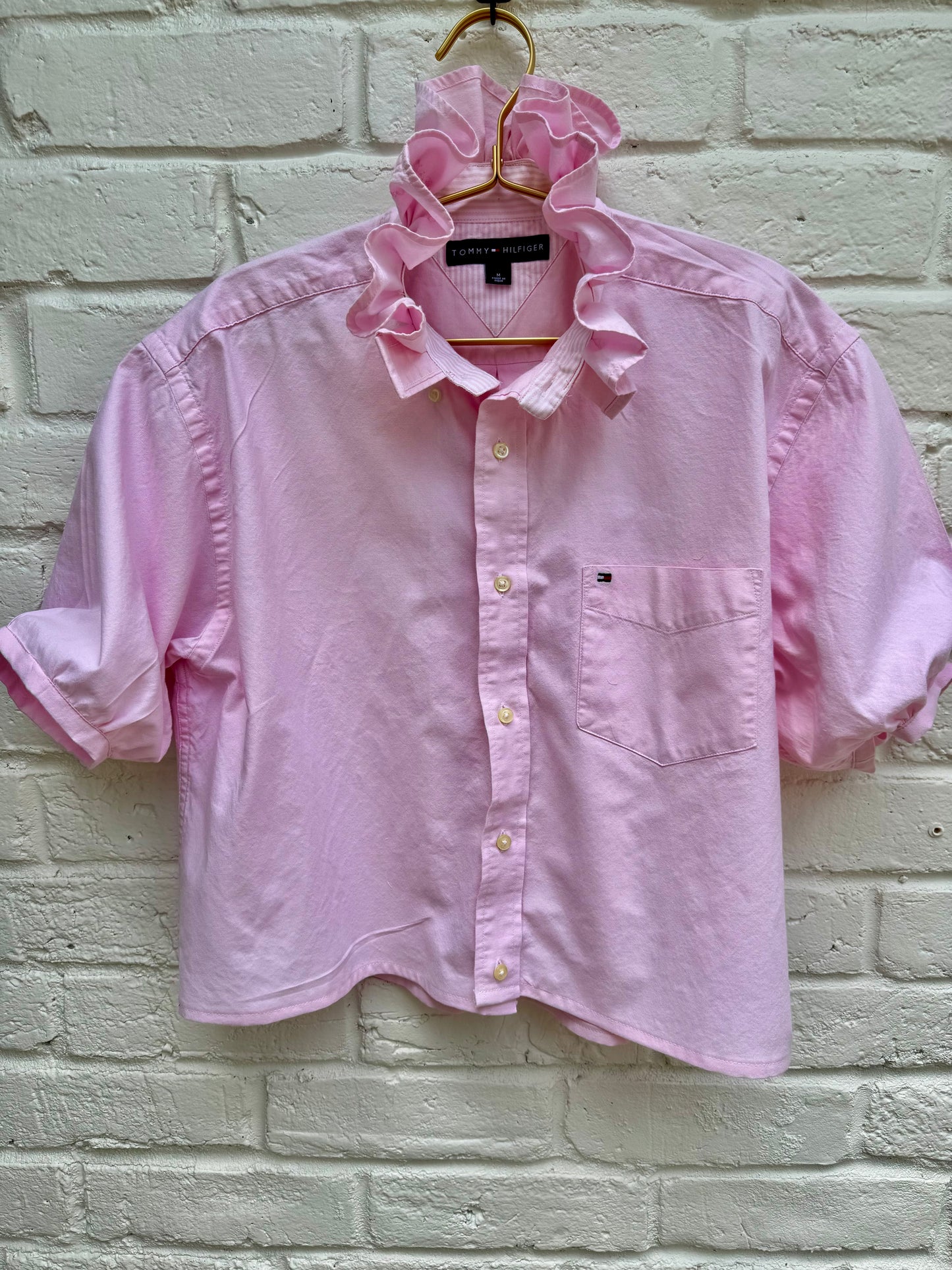 Upcycled “ Shorty” Tommy Hilfiger Pink Ruffle Shirt – Women’s Reworked Short Sleeve Button Down – Medium. Chest 21”