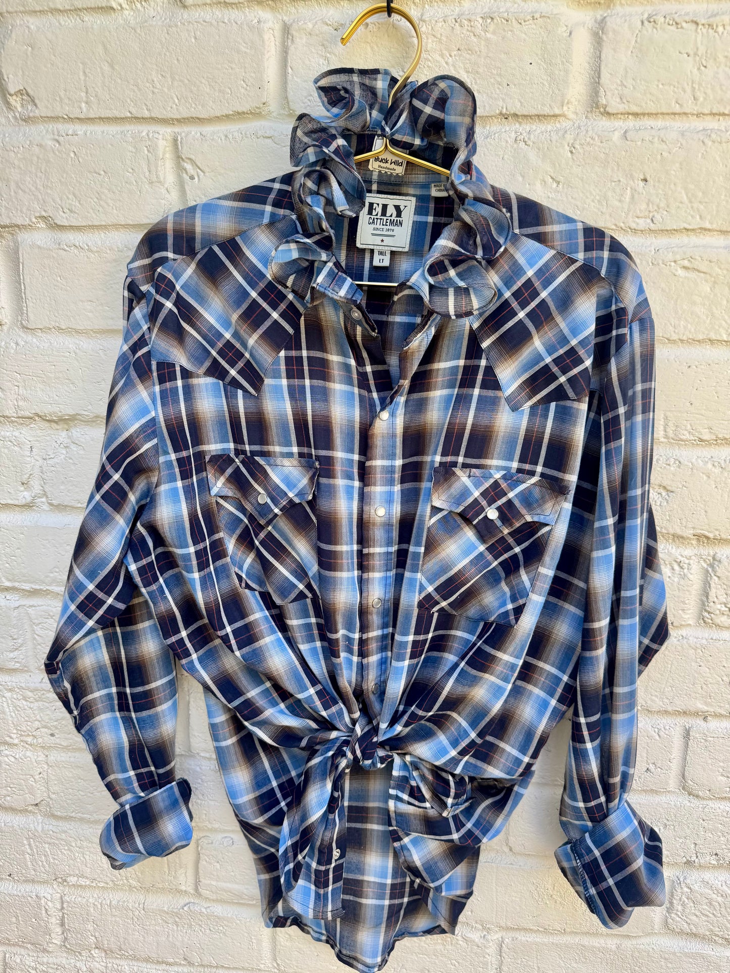 Revamped Vintage Ely Cattleman Long Sleeve Plaid Ruffle Shirt - Sky Blue & Coffee Ombré| Size Long Tall| measures 23” chest. 26” sleeve length