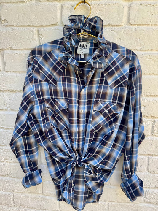 Revamped Vintage Ely Cattleman Long Sleeve Plaid Ruffle Shirt - Sky Blue & Coffee Ombré| Size Long Tall| measures 23” chest. 26” sleeve length