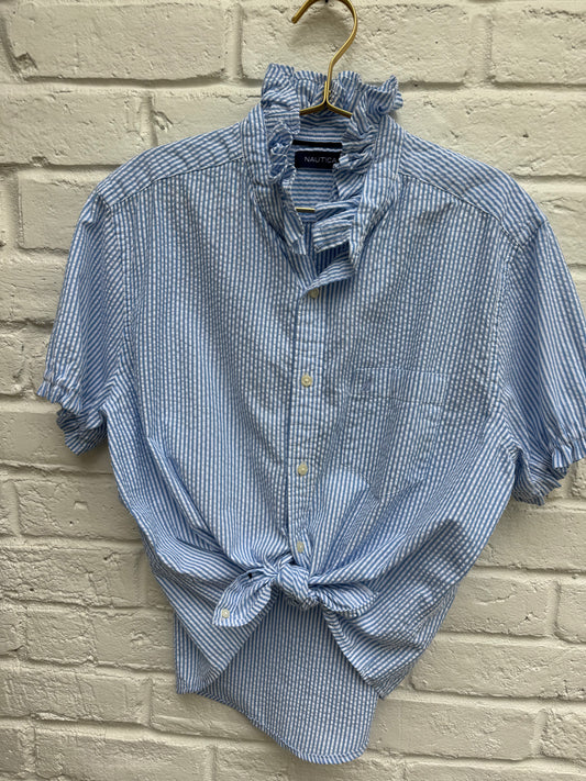 Upcycled Nautica Blue Seersucker Western Crop Shirt with Ruffle Collar- Size L